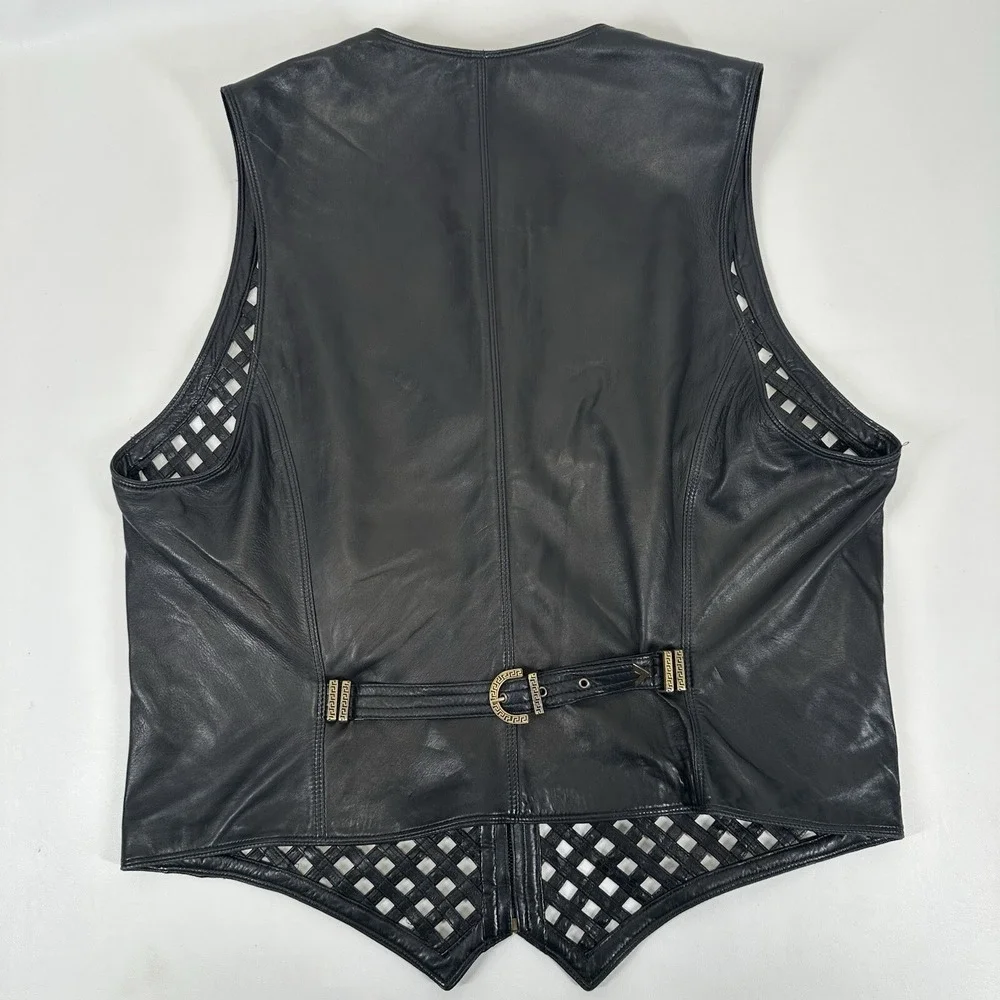 GIANNI VERSACE black leather vest w/ an open lattice feature in front 46